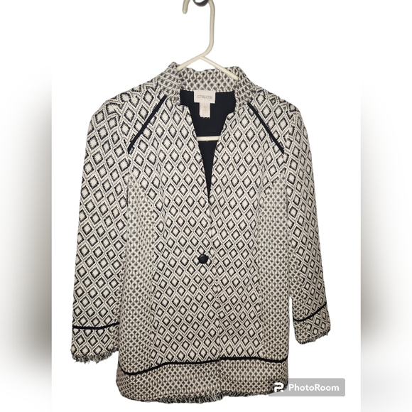 Chico's Jackets & Blazers - Chico's Black White Metallic Gold Fringe Aztec Print Jacket Size 0 (Small 4)